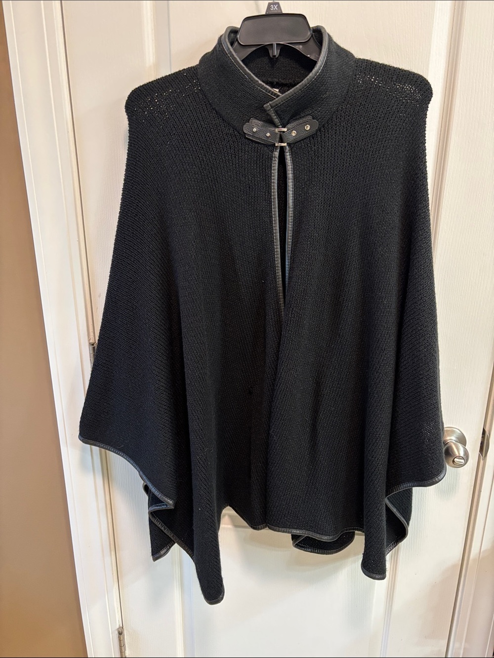Avenue Black Knit Poncho with Buckle Collar